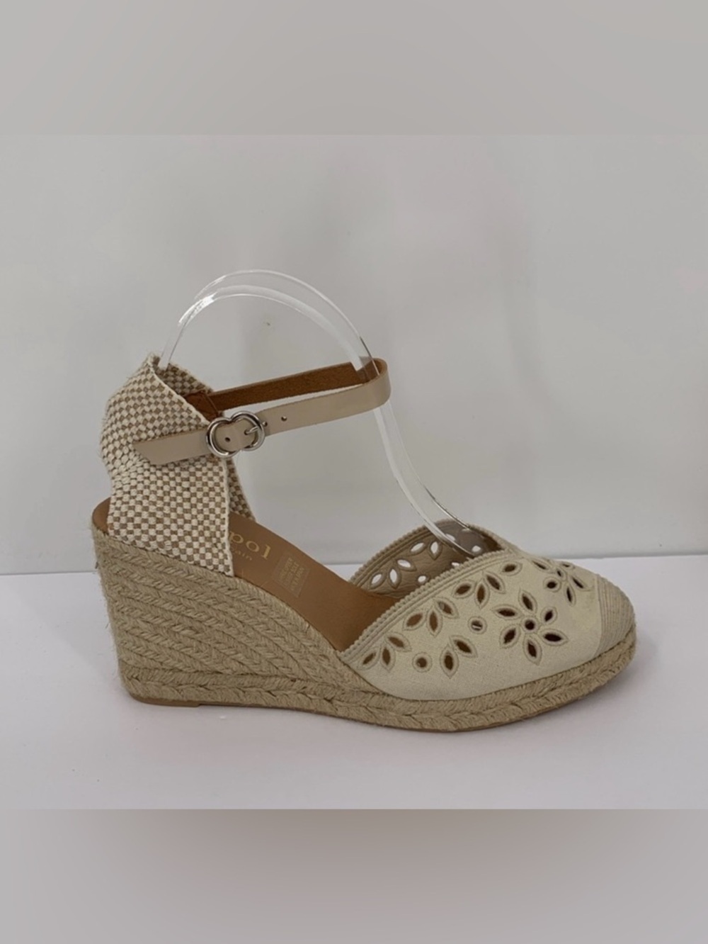 Maypol Espadrille shoe wedge platform eyelet floral tan brown Jute cut-out 41 10